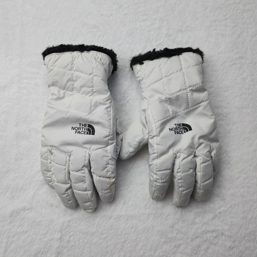 The North Face Womens Quilted Winter Gloves White Faux Fur Trim Medium